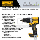 DEWALT DCK2050P1E1T 20V XR CORDLESS BRUSHLESS COMBO SET (IMPACT DRIVER DCF850 + HAMMER DRIVER DRILL DCD805)